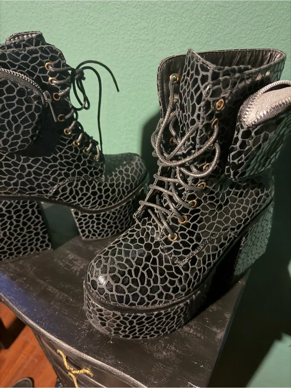 Platform Lace-Up Ankle Boots in Black Croc